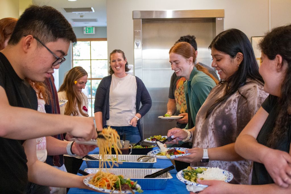 Students celebrating Shabbat dinner together